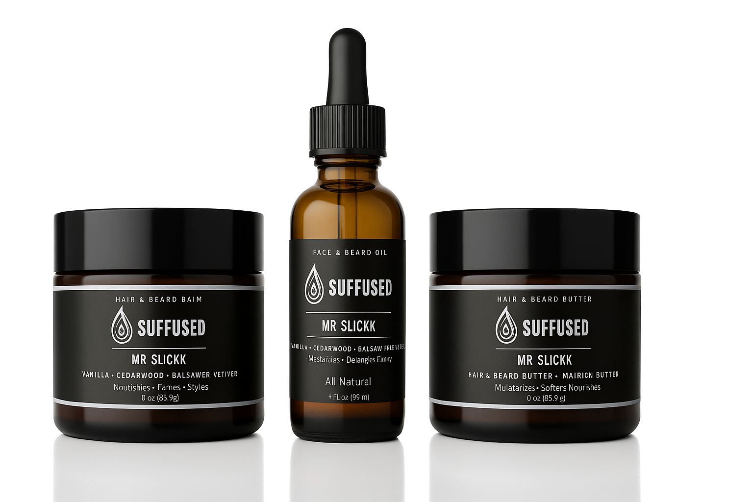 Three hair and beard care products from the brand 'Suffused' on a white background.