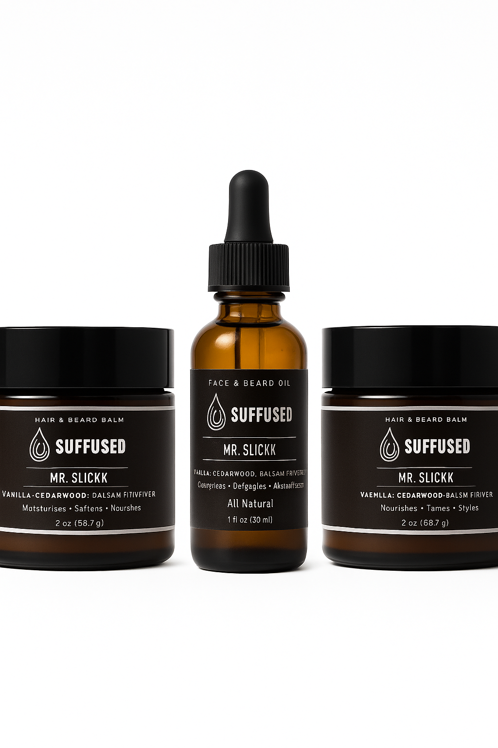 Three hair and beard care products from the brand 'Suffused' on a white background.
