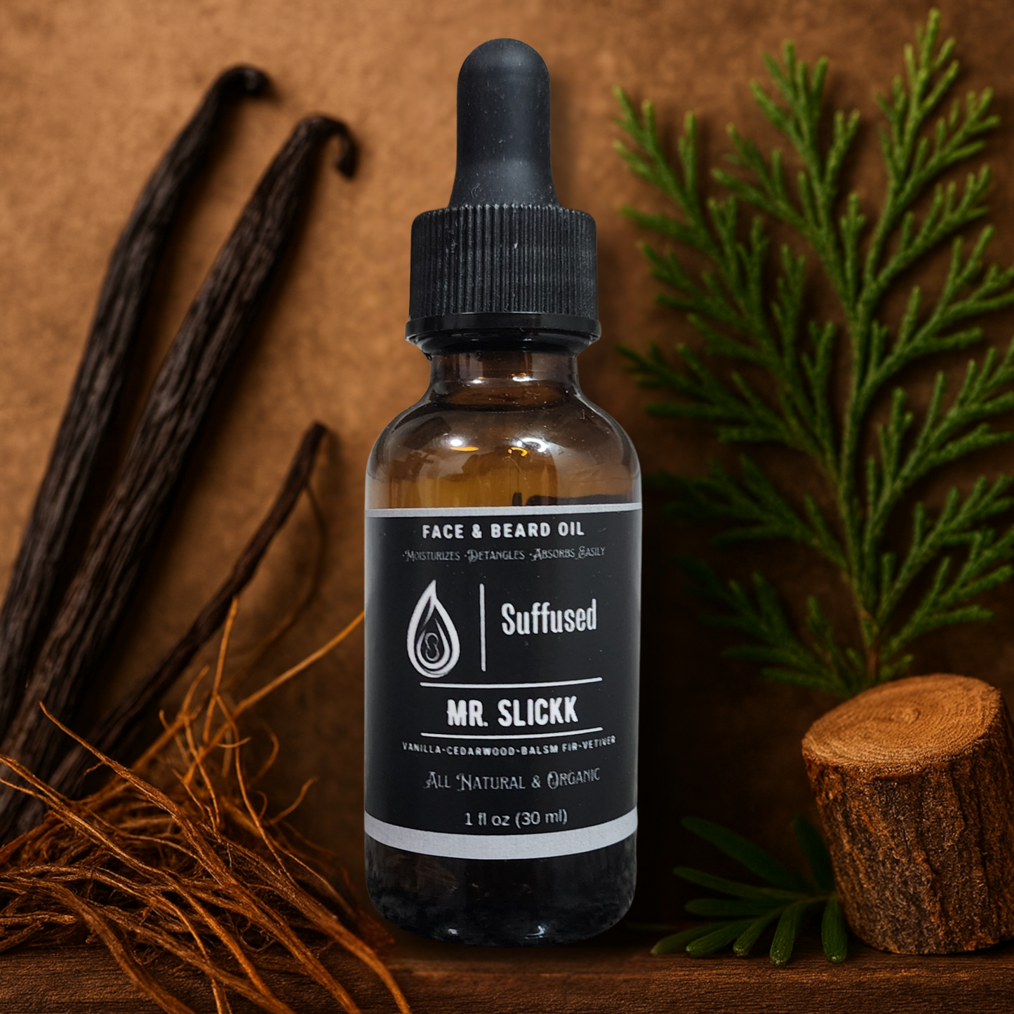 Bottle of Suffused MR. SLICKK face and beard oil with vanilla beans and greenery on a wooden surface